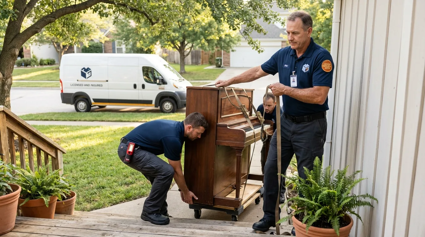 Licensed piano movers securing grand piano in Foley, AL