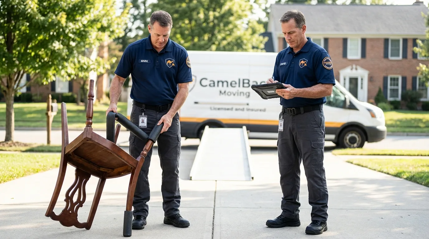 Movers inspecting furniture for damage prevention before loading in Foley, AL